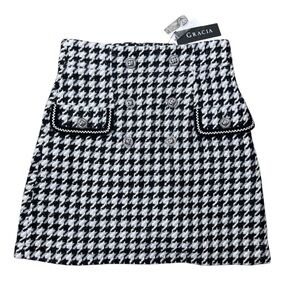NWT Gracia Houndstooth Black White Gray Mini Skirt Small